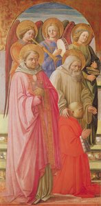Triptych depicting the Coronation of the Virgin (left panel: saints, angel musicians and the kneeling Cardinal) by Fra Angelico